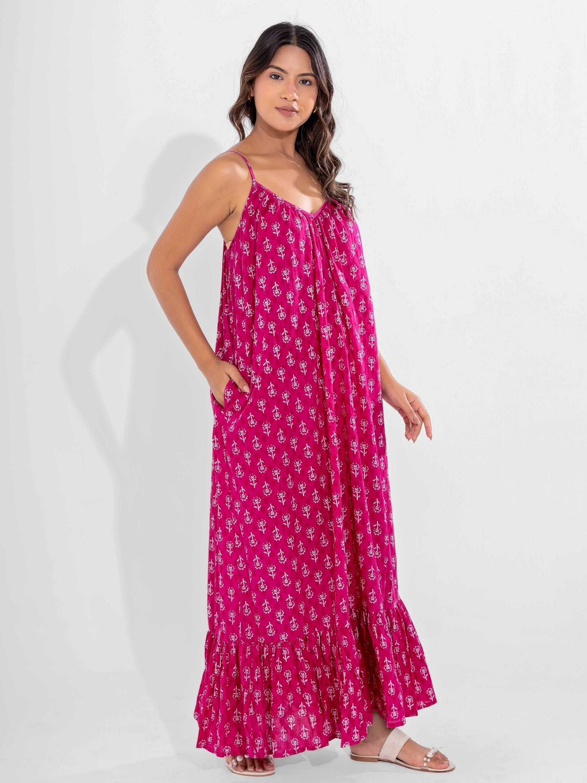 Pink Bohemian Pure Cotton Ghera Night Maxi