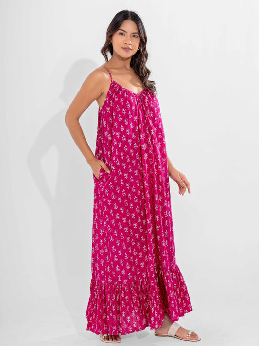 Pink Bohemian Pure Cotton Ghera Night Maxi