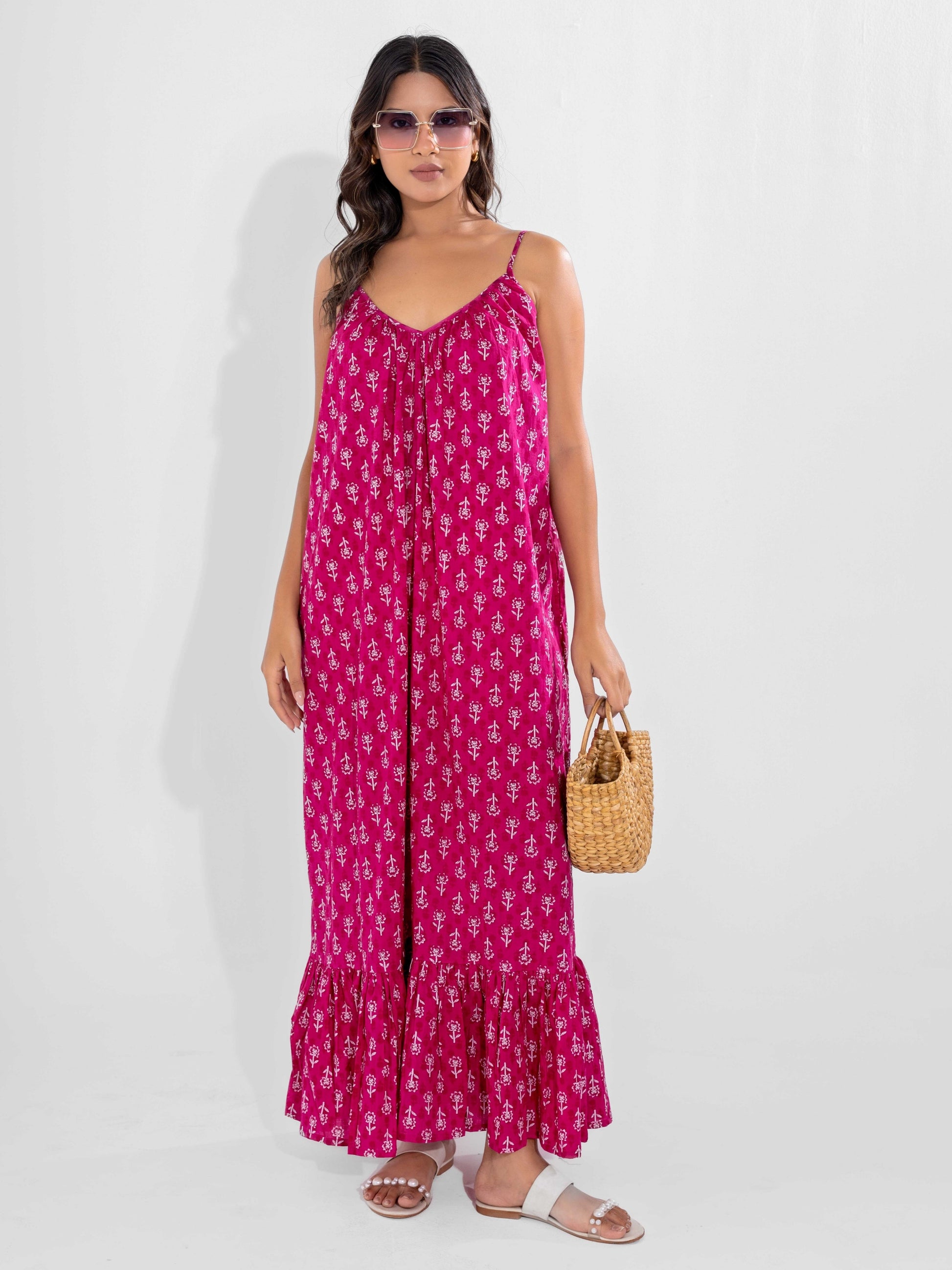 Pink Bohemian Pure Cotton Ghera Night Maxi