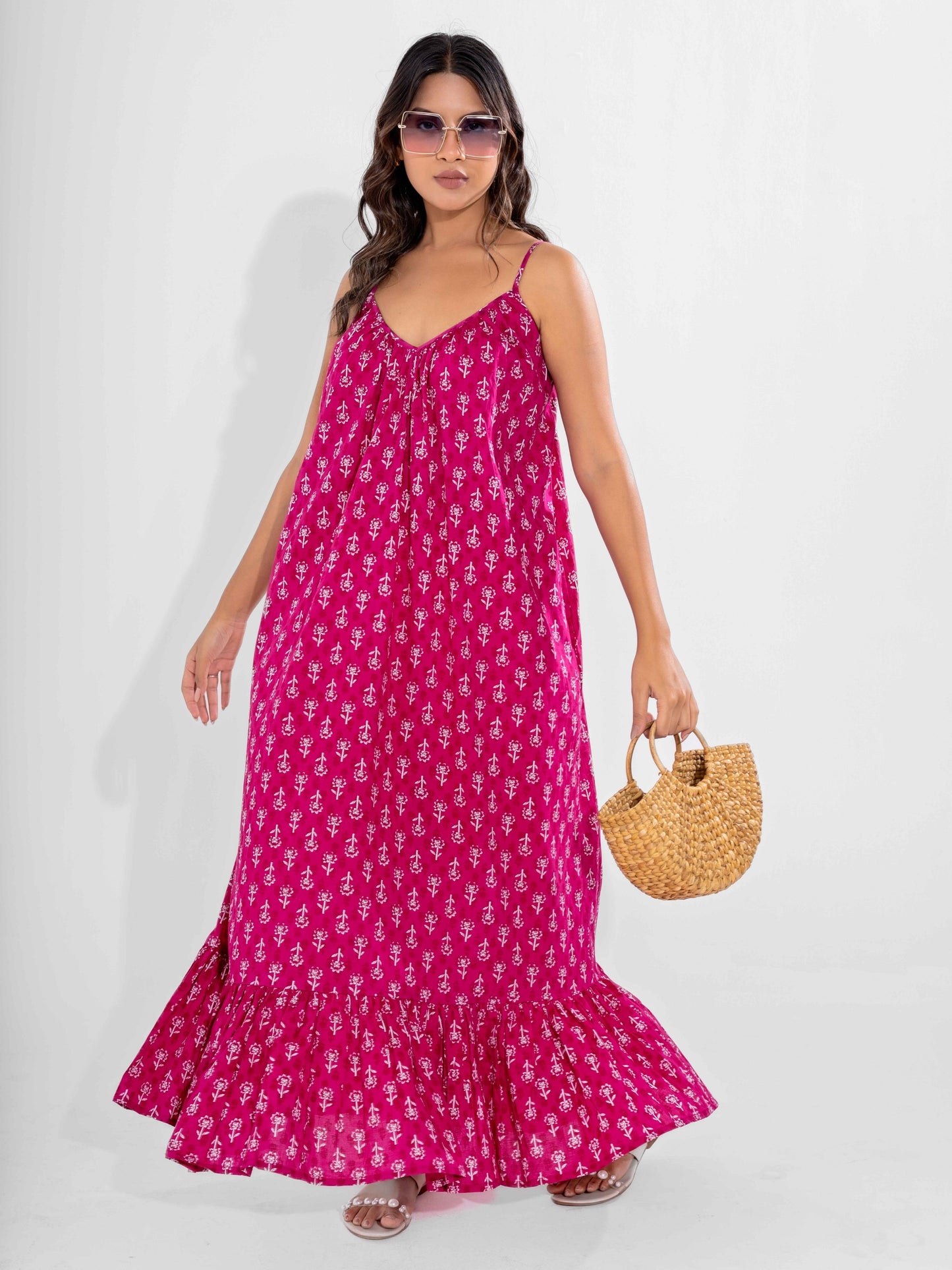 Pink Bohemian Pure Cotton Ghera Night Maxi