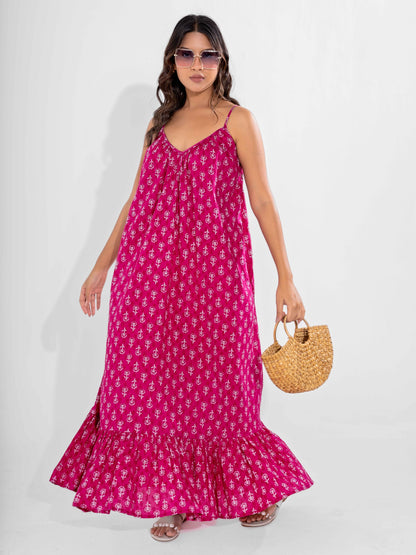 Pink Bohemian Pure Cotton Ghera Night Maxi