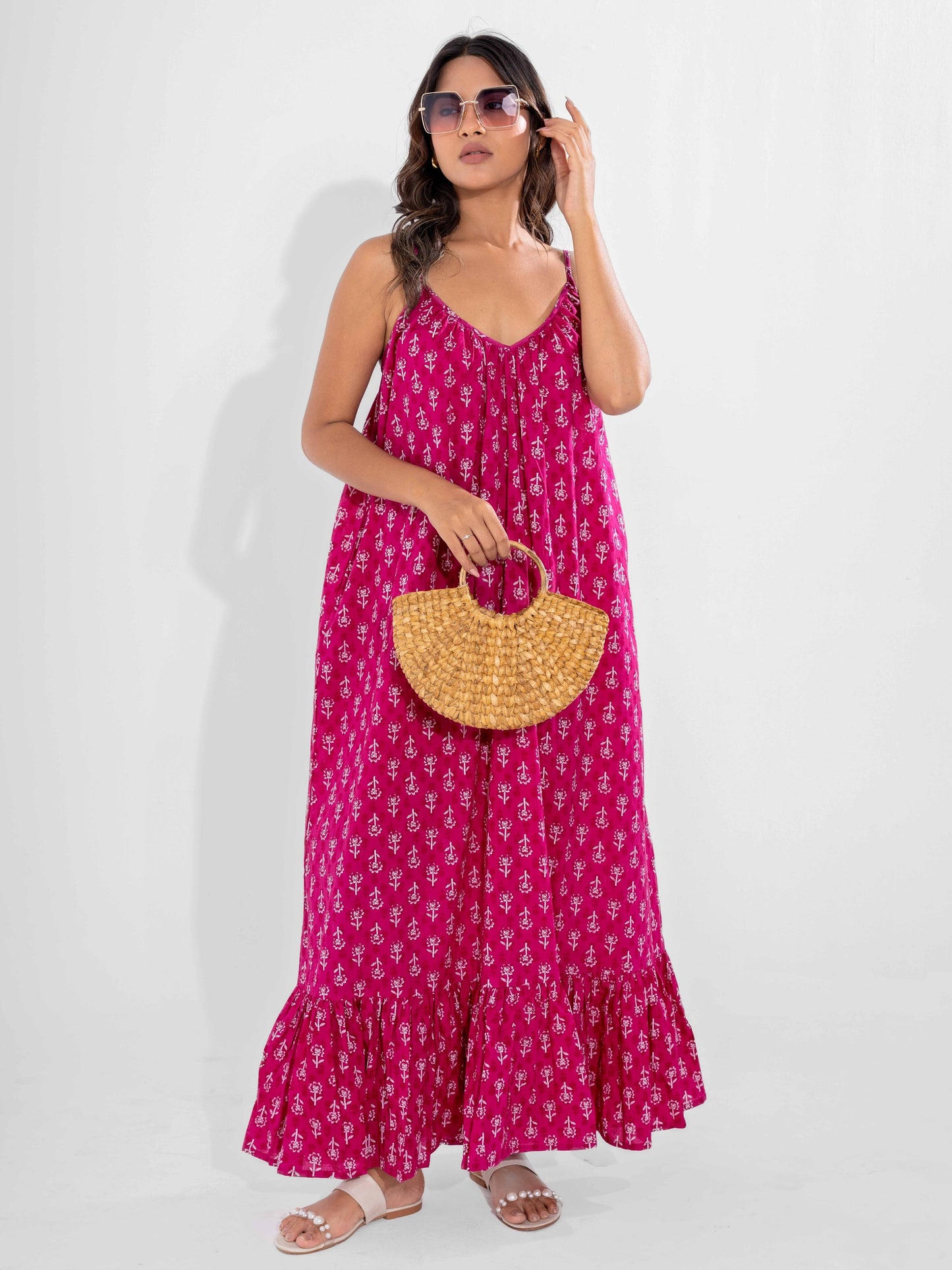 Pink Bohemian Pure Cotton Ghera Night Maxi