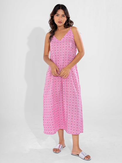 Pink Horizon Pure Cotton V-Neck Night Maxi