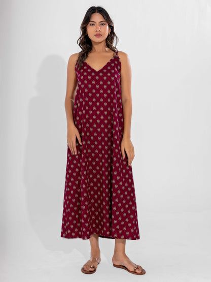 Wine Classic Pure Cotton V-Neck Night Maxi