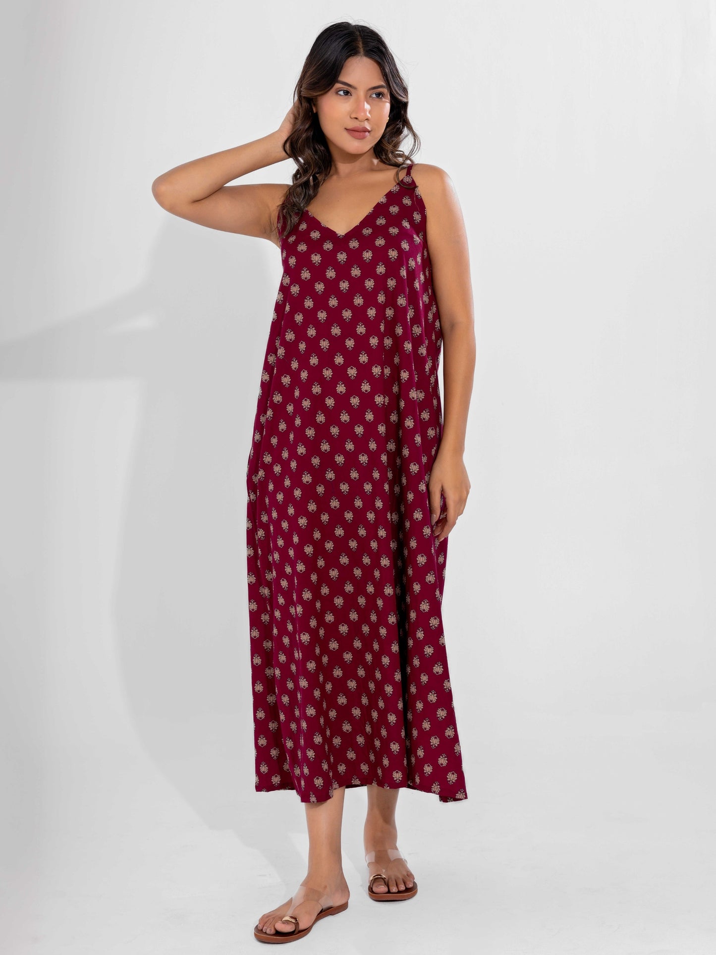 Wine Classic Pure Cotton V-Neck Night Maxi