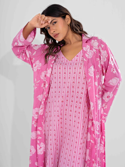 Pink Soft Pure Cotton V-Neck Midi & Shrug