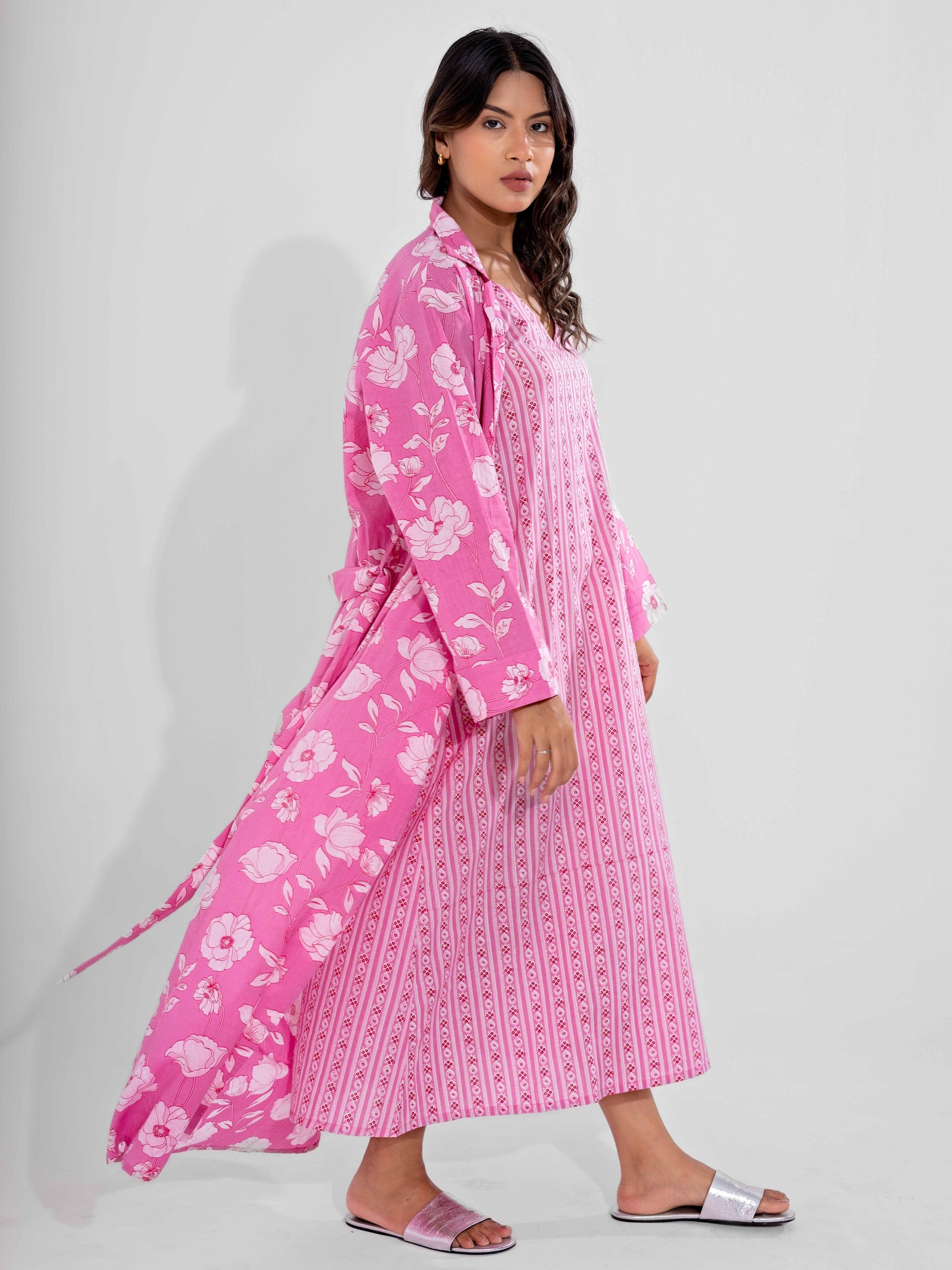 Pink Soft Pure Cotton V-Neck Midi & Shrug