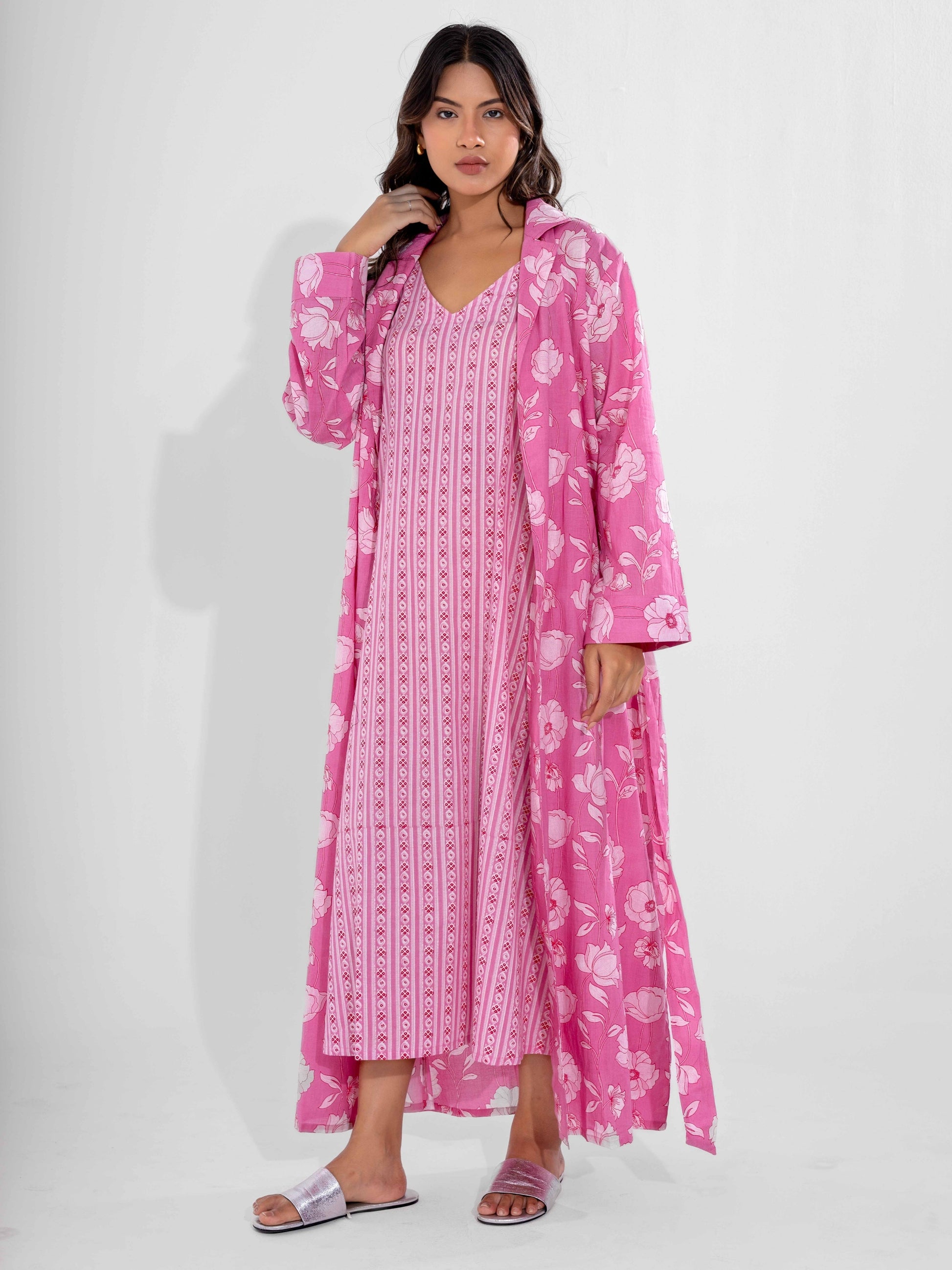 Pink Soft Pure Cotton V-Neck Midi & Shrug