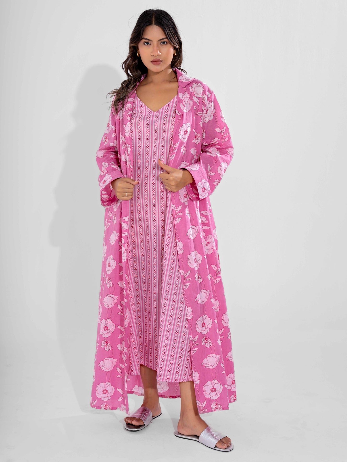Pink Soft Pure Cotton V-Neck Midi & Shrug