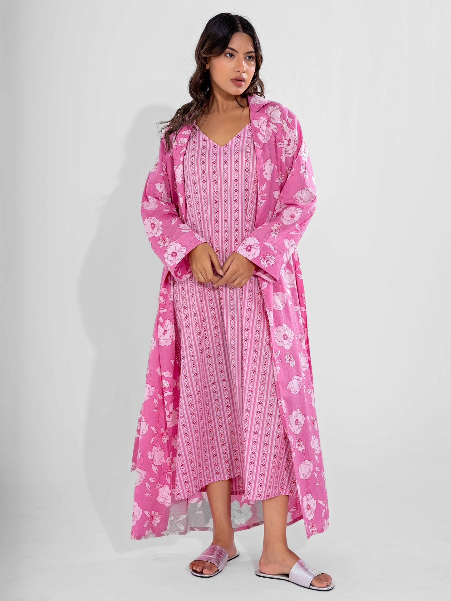 Pink Soft Pure Cotton V-Neck Midi & Shrug