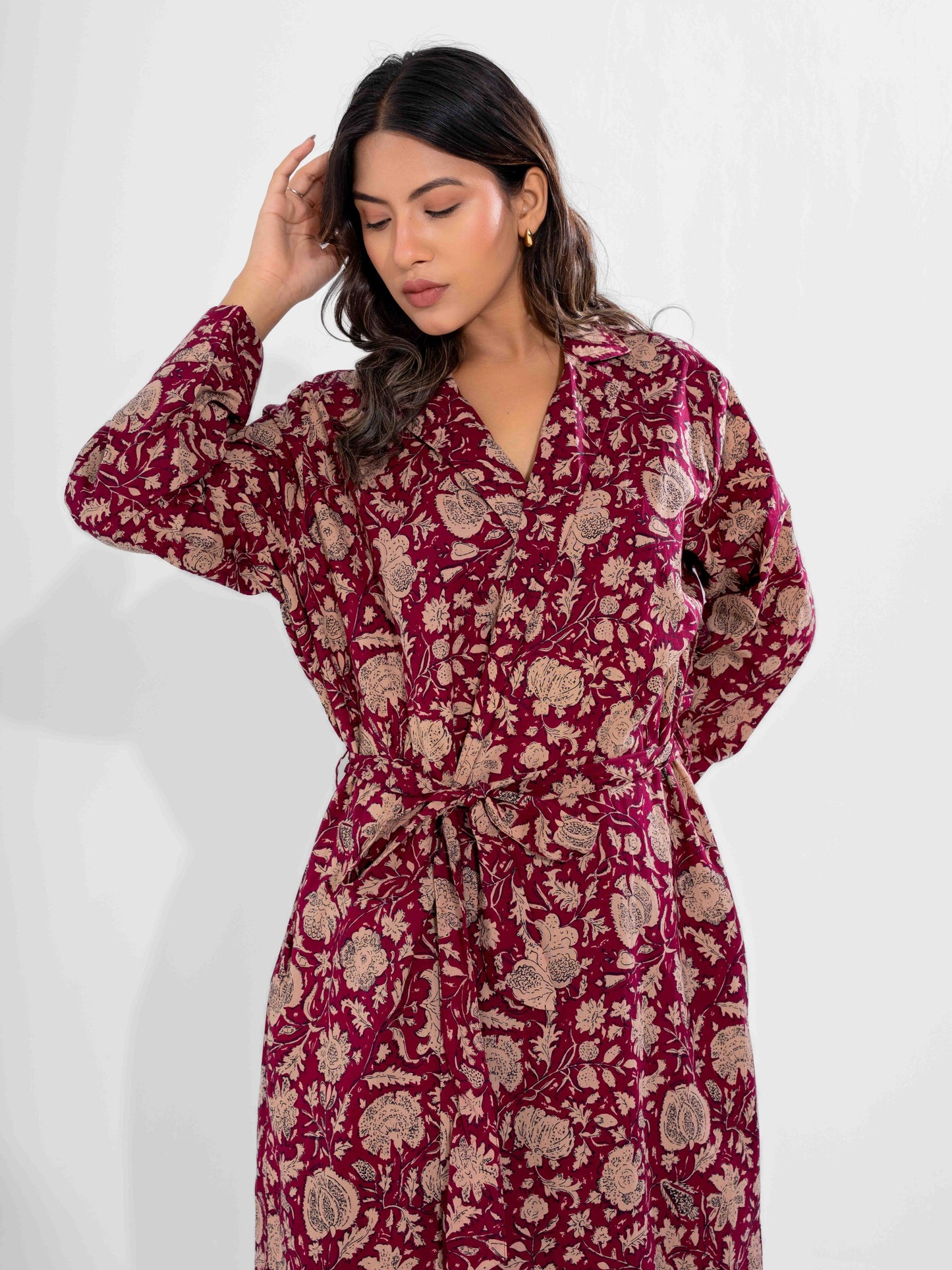 Wine Mocha Pure Cotton V-Neck Midi with Shrug