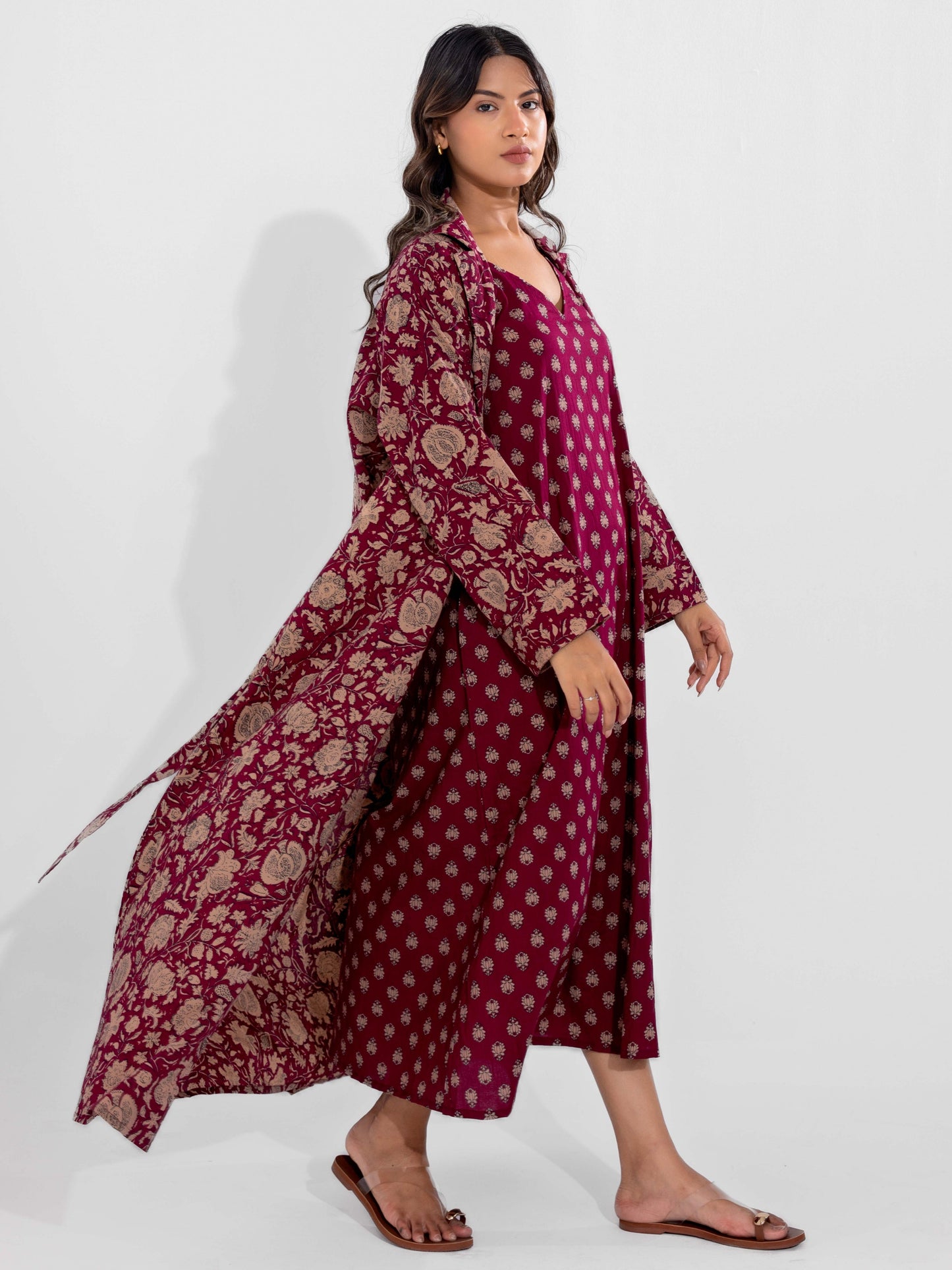 Wine Mocha Pure Cotton V-Neck Midi with Shrug