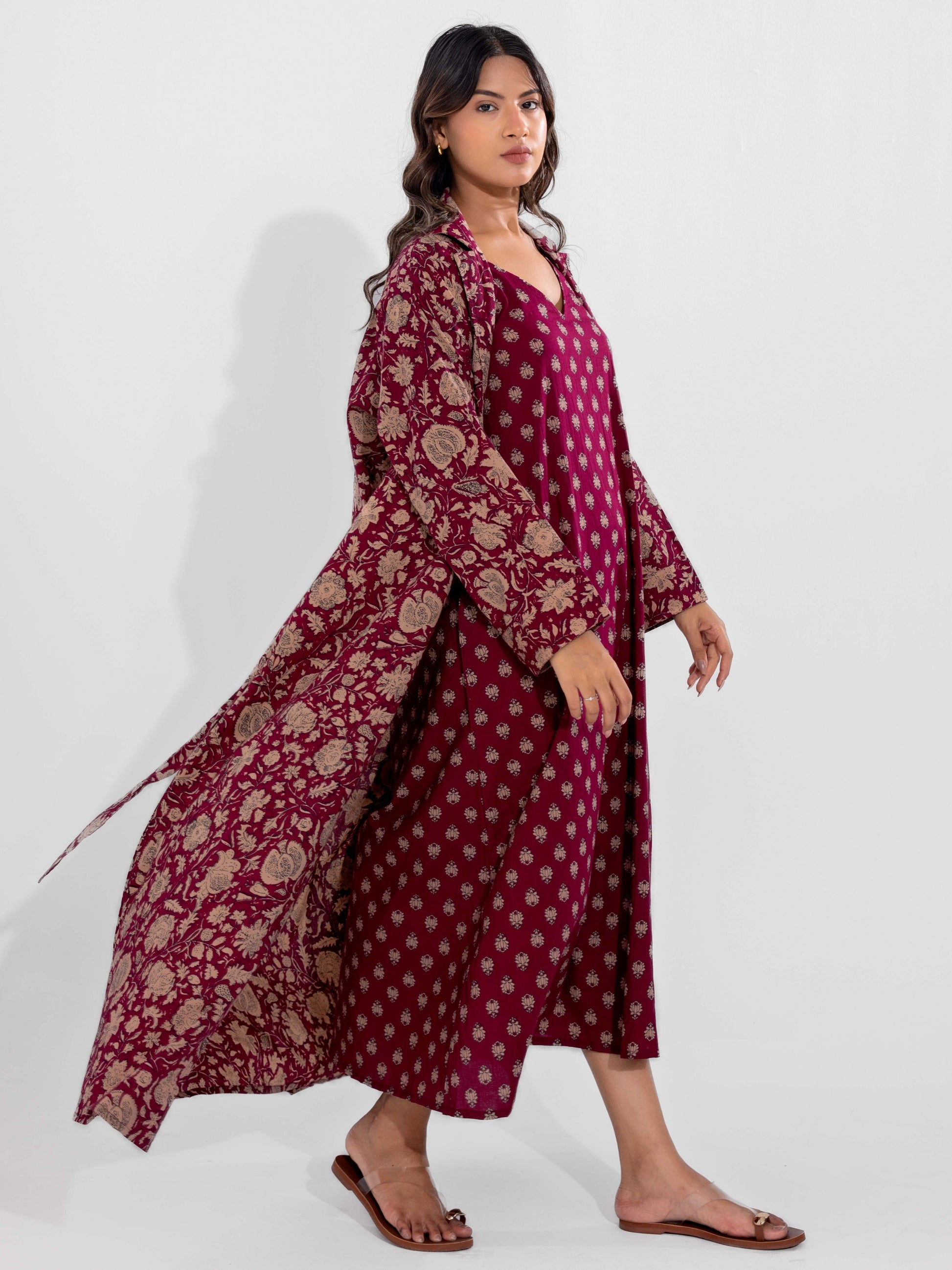 Wine Mocha Pure Cotton V-Neck Midi with Shrug