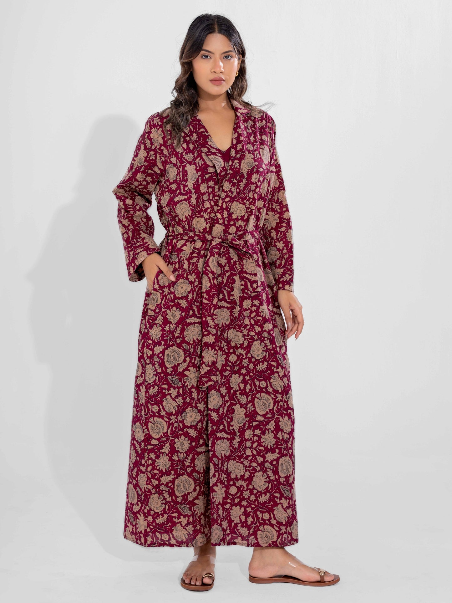 Wine Mocha Pure Cotton V-Neck Midi with Shrug