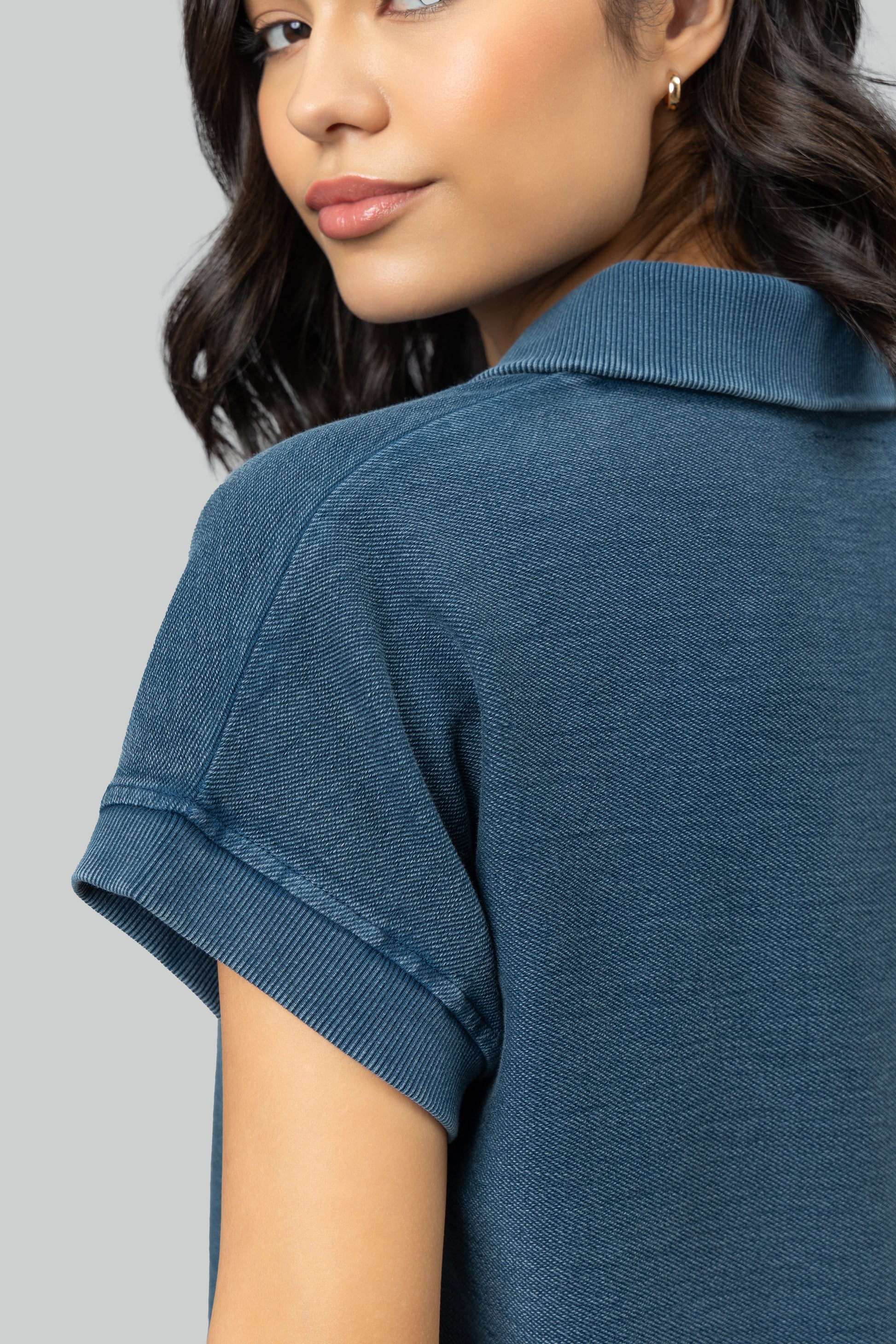 Blue Textured Terry Long Polo Set