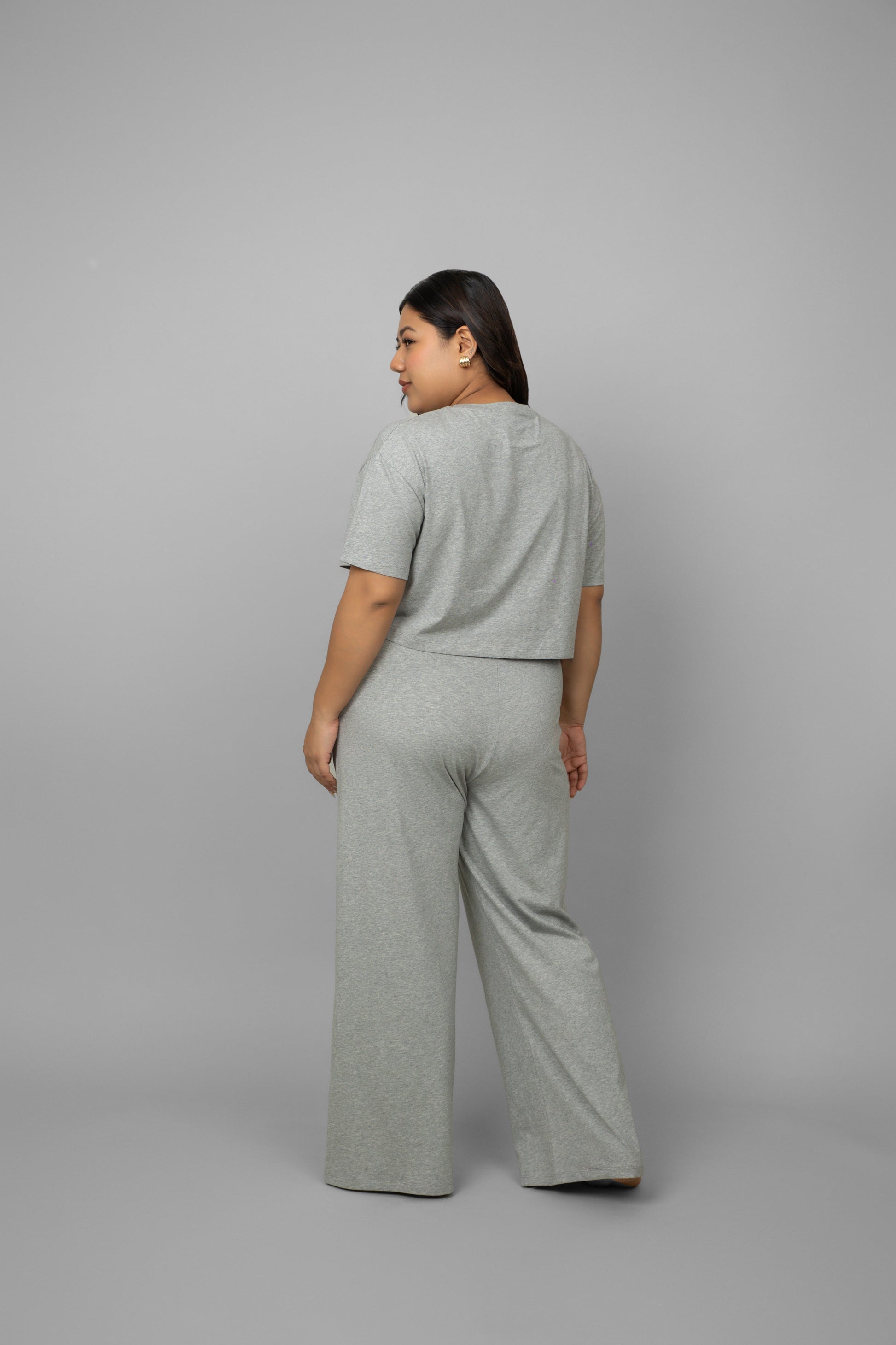 Grey Melange Cotton Lycra Crop Co-ord Set