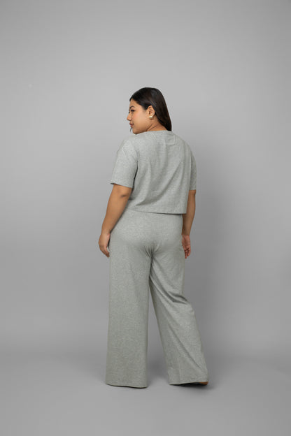 Grey Melange Cotton Lycra Crop Co-ord Set