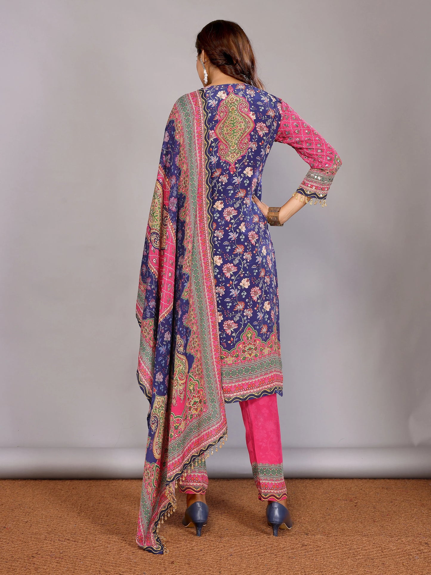 Fuschia Pink and Navy Blue Salwar Suit with Mirror & Hand-Work