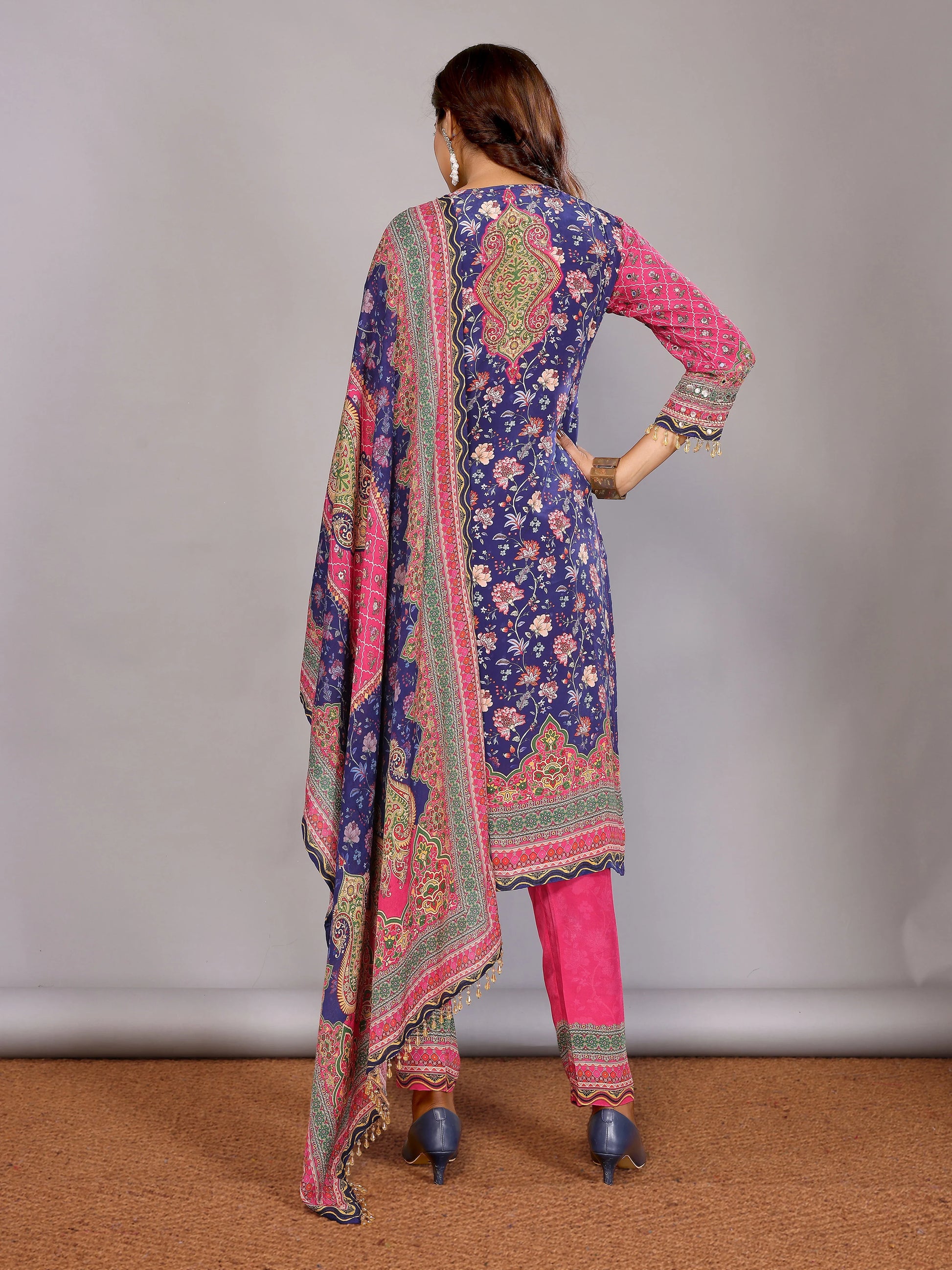 Fuschia Pink and Navy Blue Salwar Suit with Mirror & Hand-Work