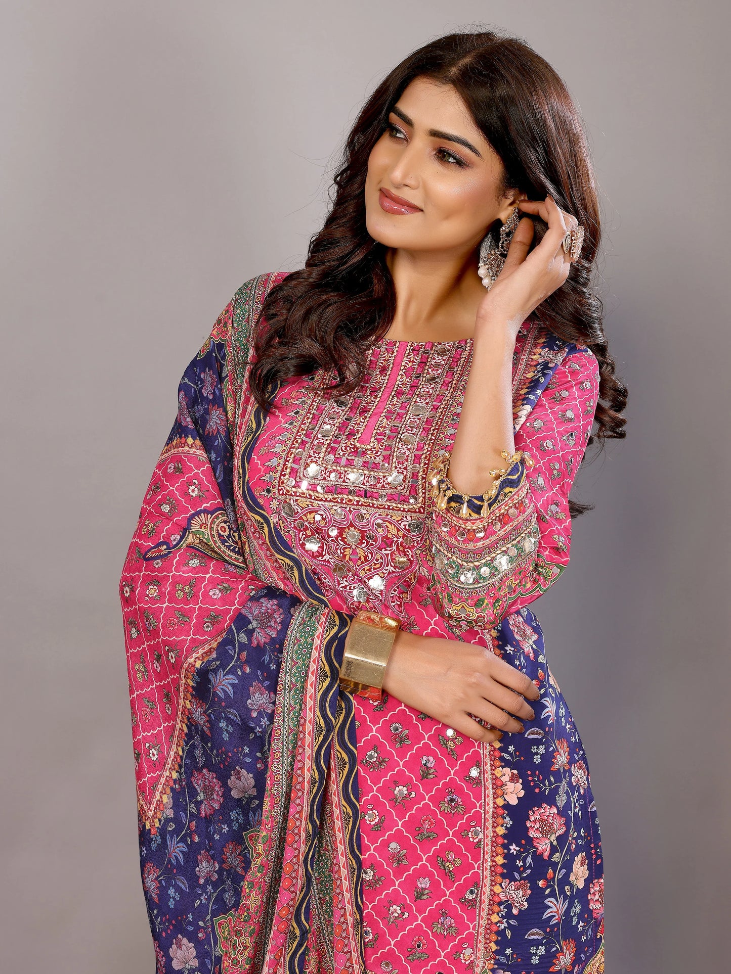 Fuschia Pink and Navy Blue Salwar Suit with Mirror & Hand-Work