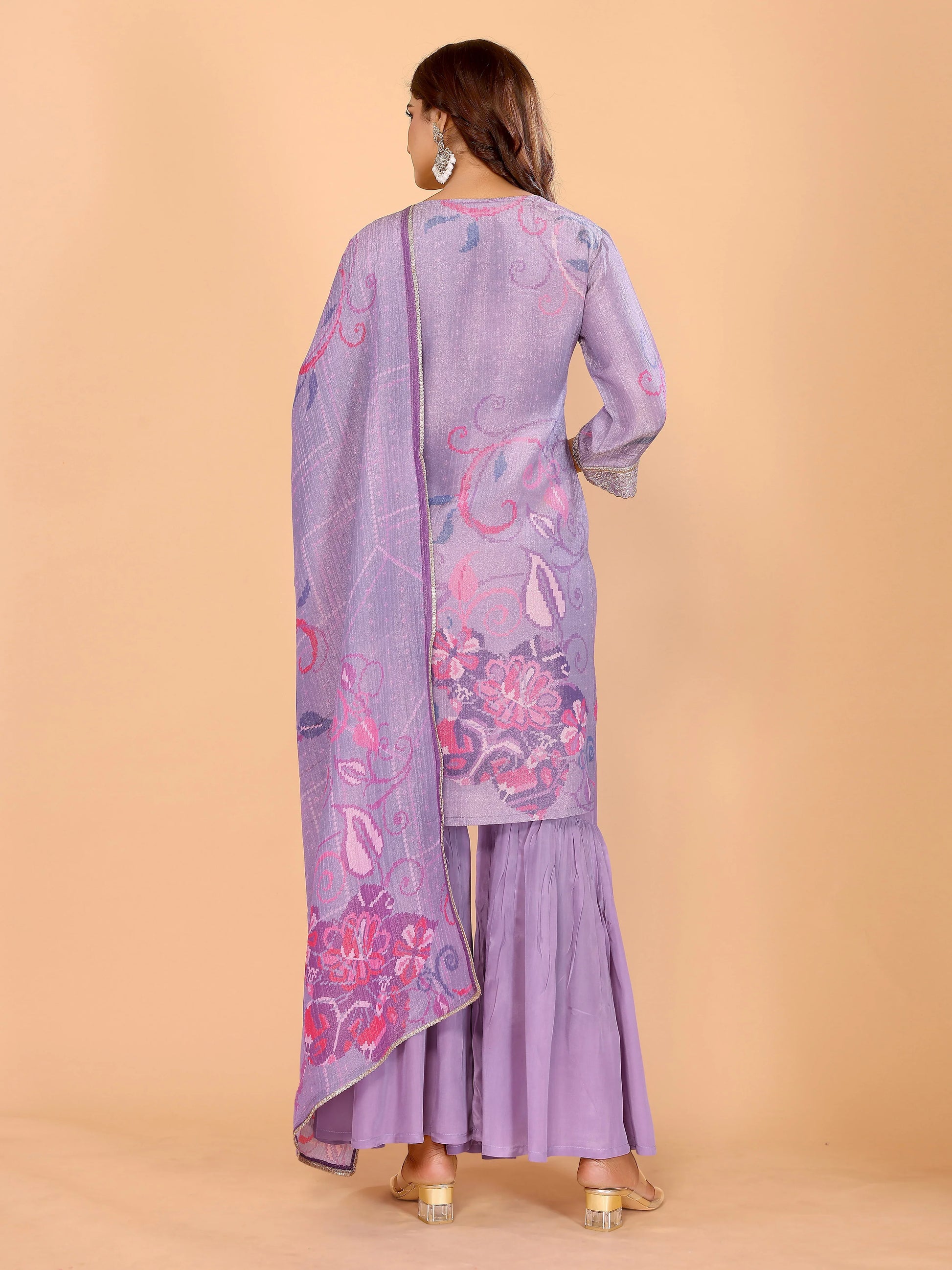 Lavender Floral Crushed Sharara Suit With Embroidery