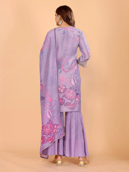 Lavender Floral Crushed Sharara Suit With Embroidery