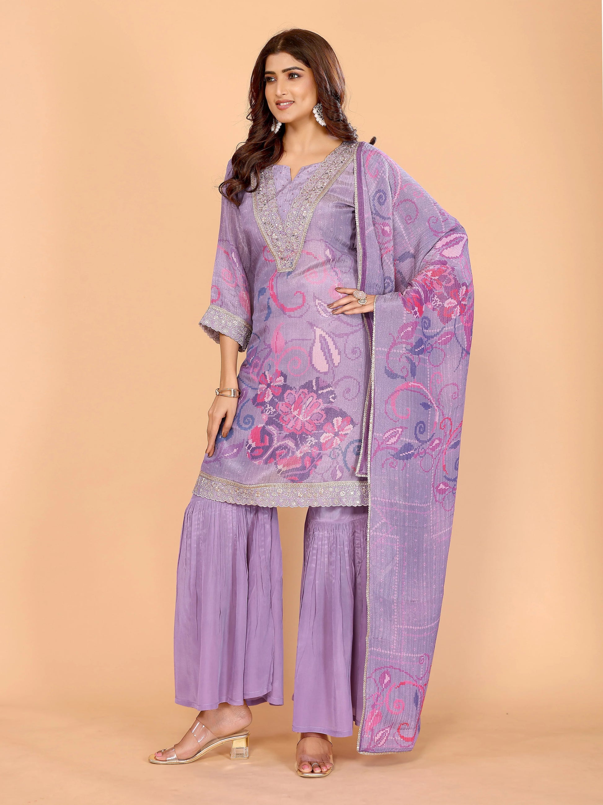 Lavender Floral Crushed Sharara Suit With Embroidery