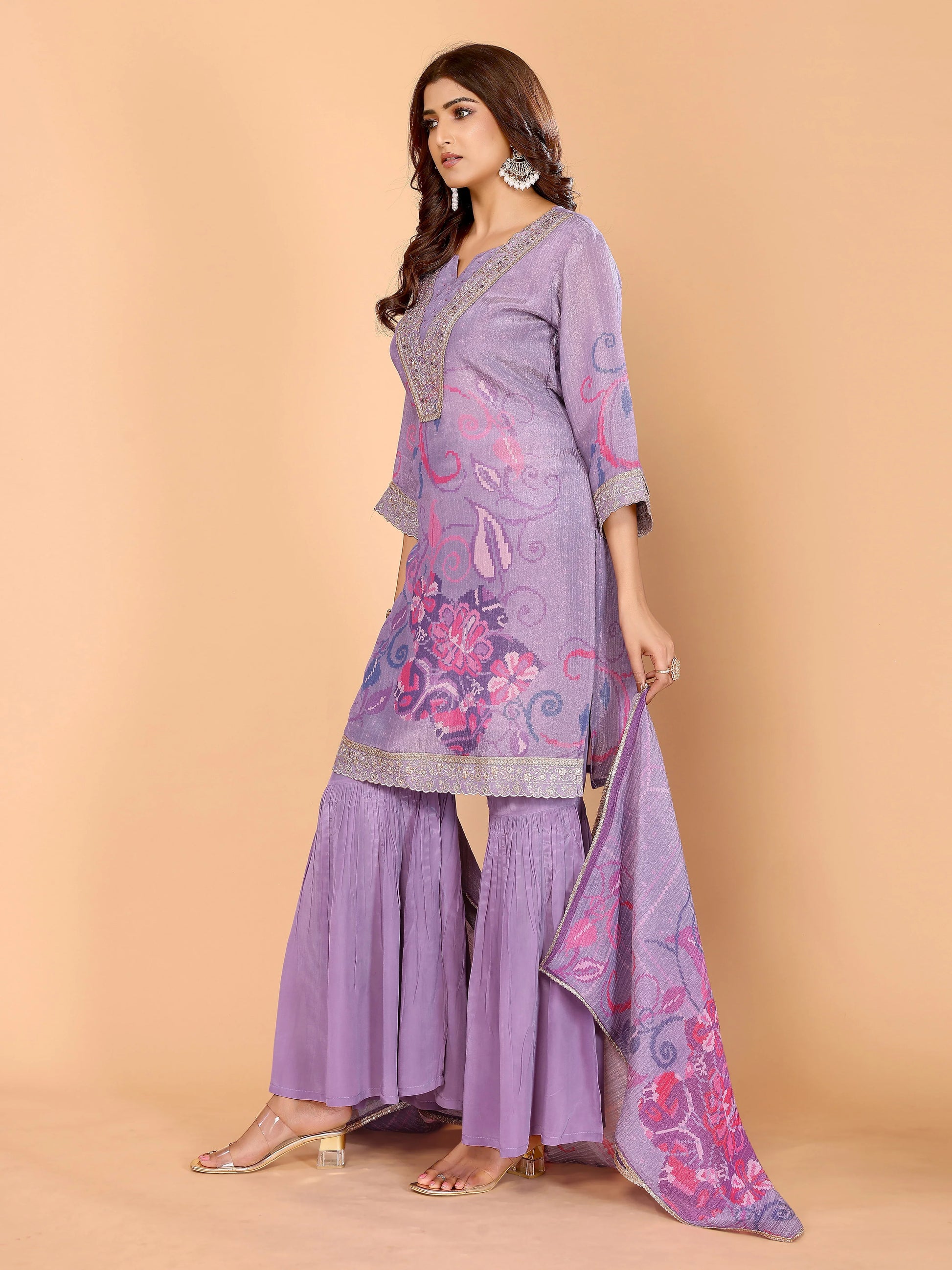 Lavender Floral Crushed Sharara Suit With Embroidery