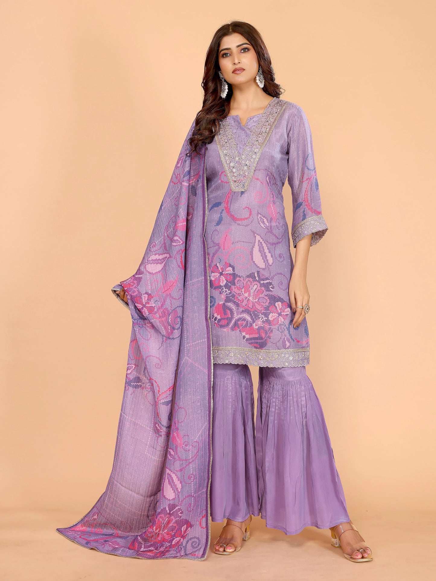 Lavender Floral Crushed Sharara Suit With Embroidery