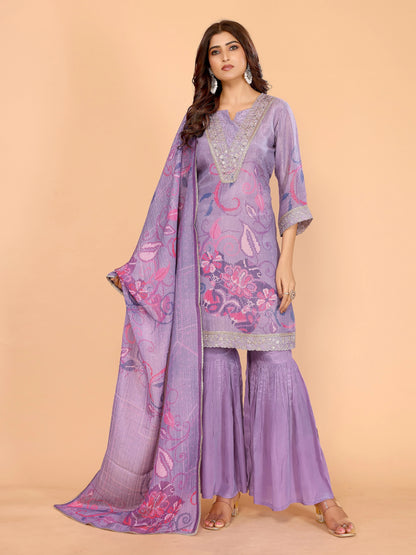 Lavender Floral Crushed Sharara Suit With Embroidery