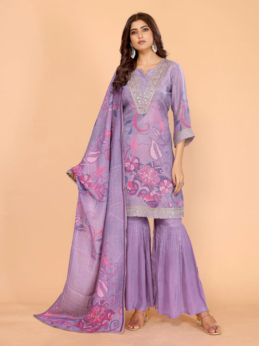 Lavender Floral Crushed Sharara Suit With Embroidery