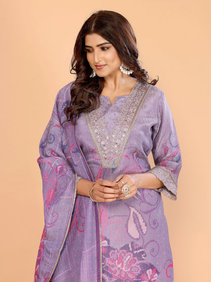 Lavender Floral Crushed Sharara Suit With Embroidery