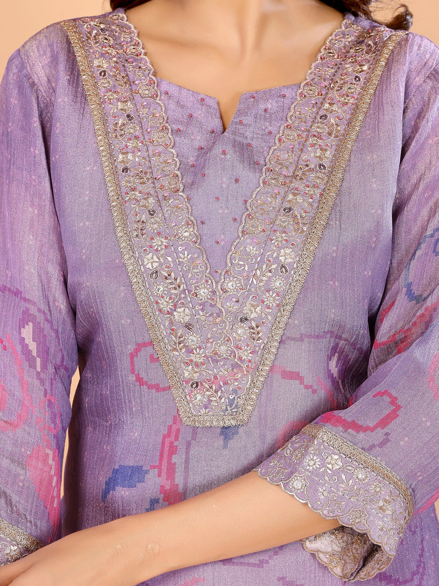 Lavender Floral Crushed Sharara Suit With Embroidery