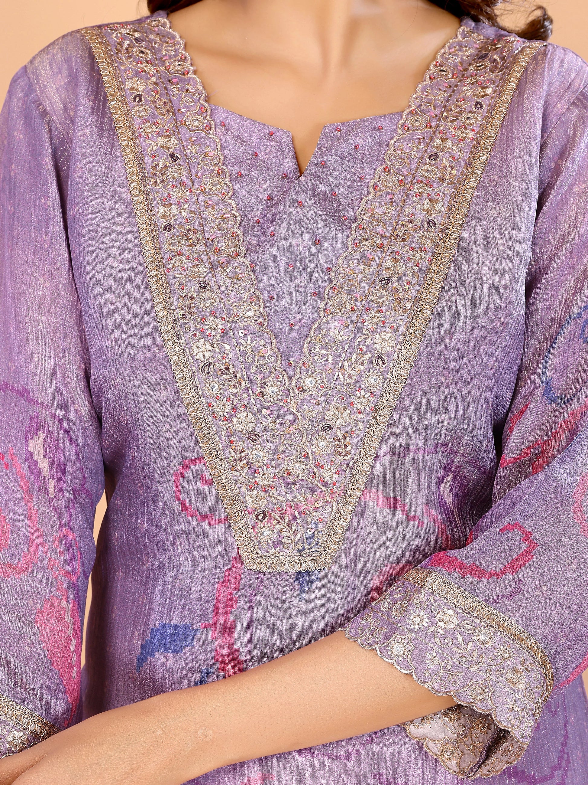 Lavender Floral Crushed Sharara Suit With Embroidery
