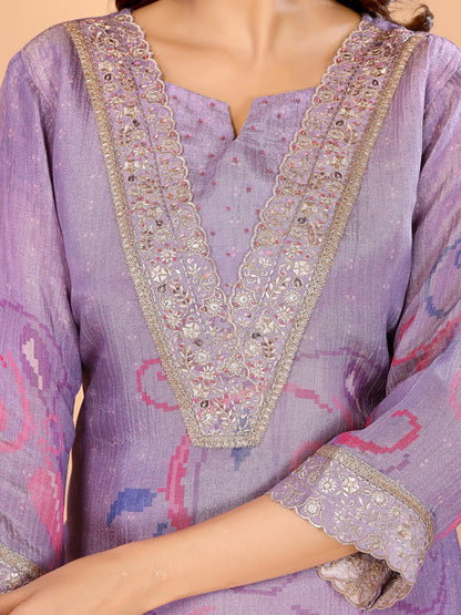 Lavender Floral Crushed Sharara Suit With Embroidery