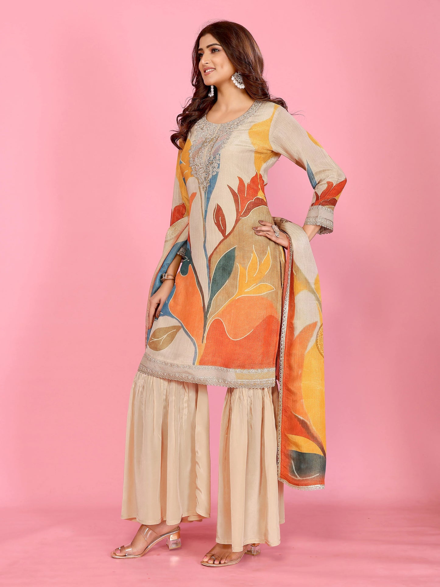 Sunset Bloom Crushed Sharara Set Embroidery