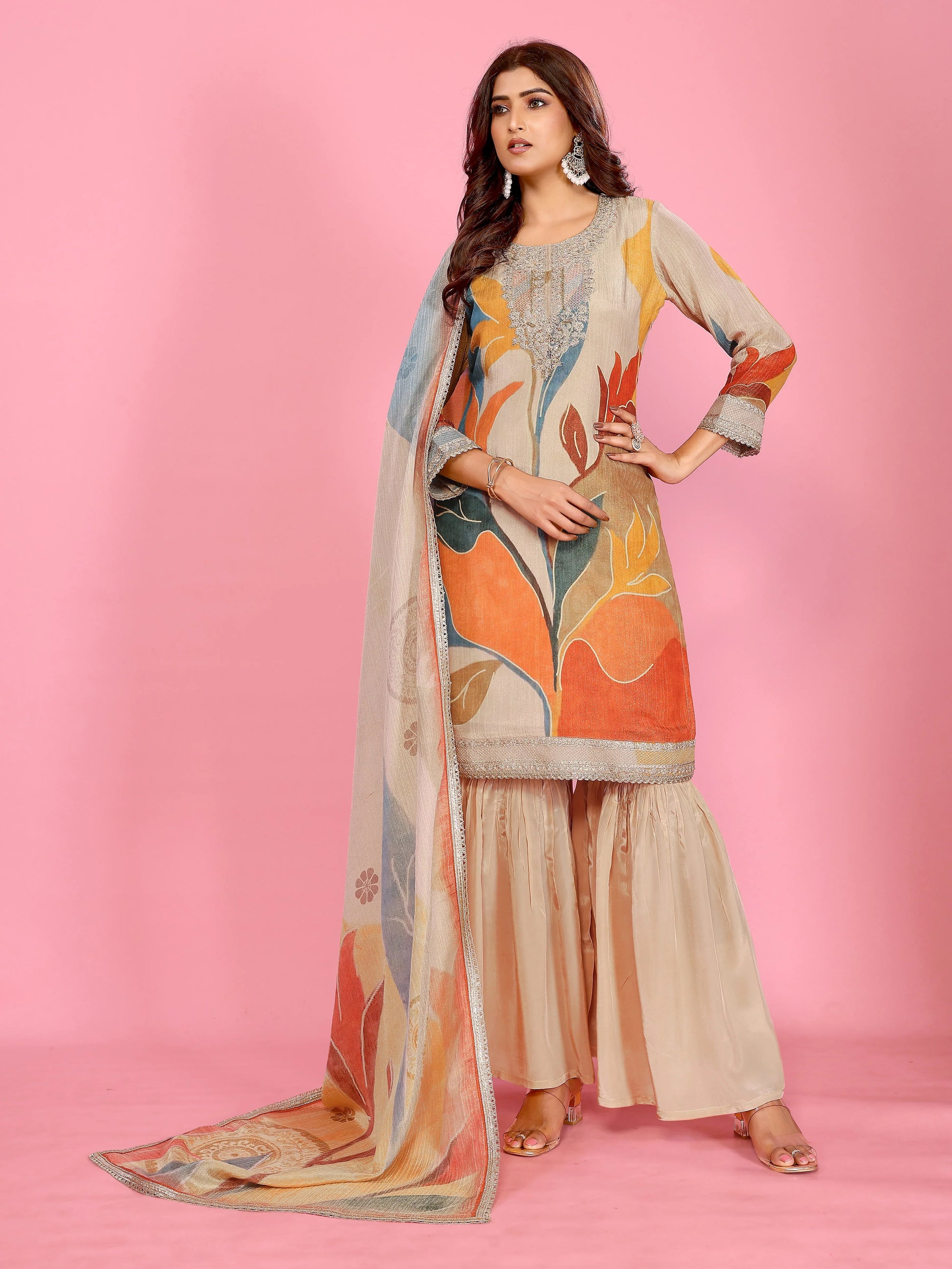 Sunset Bloom Crushed Sharara Set Embroidery