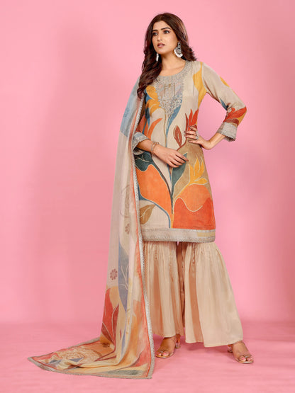 Sunset Bloom Crushed Sharara Set Embroidery