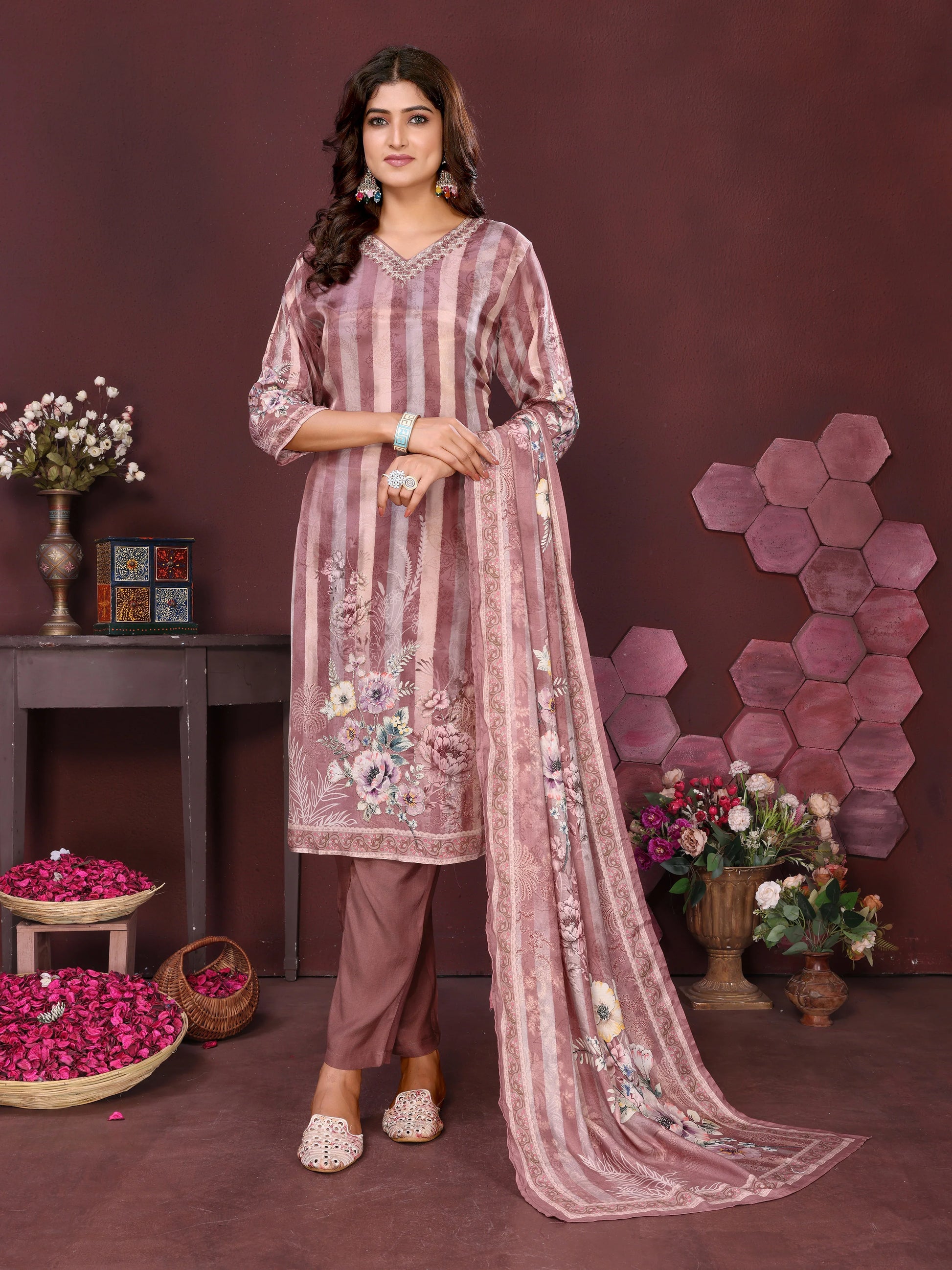 Dusty Rose Floral Striped Suit Set with Dupatta