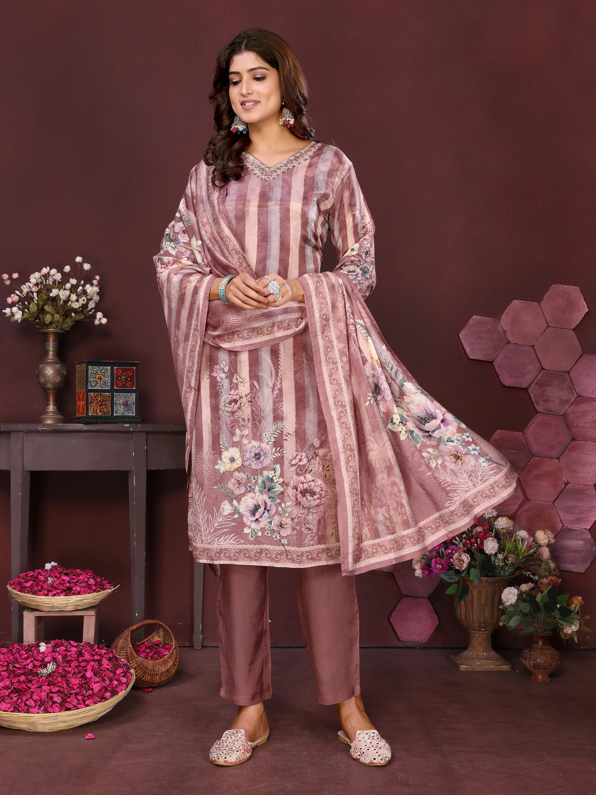 Dusty Rose Floral Striped Suit Set with Dupatta