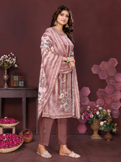 Dusty Rose Floral Striped Suit Set with Dupatta
