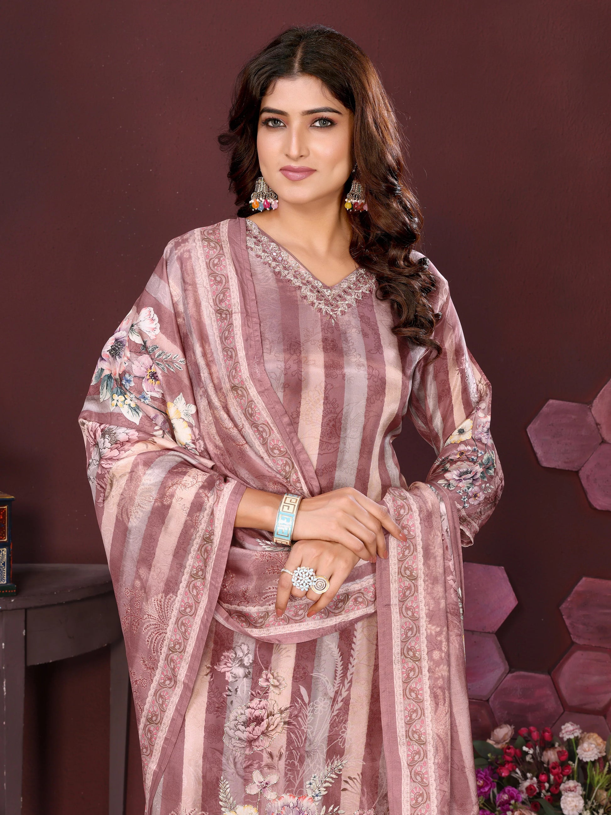 Dusty Rose Floral Striped Suit Set with Dupatta