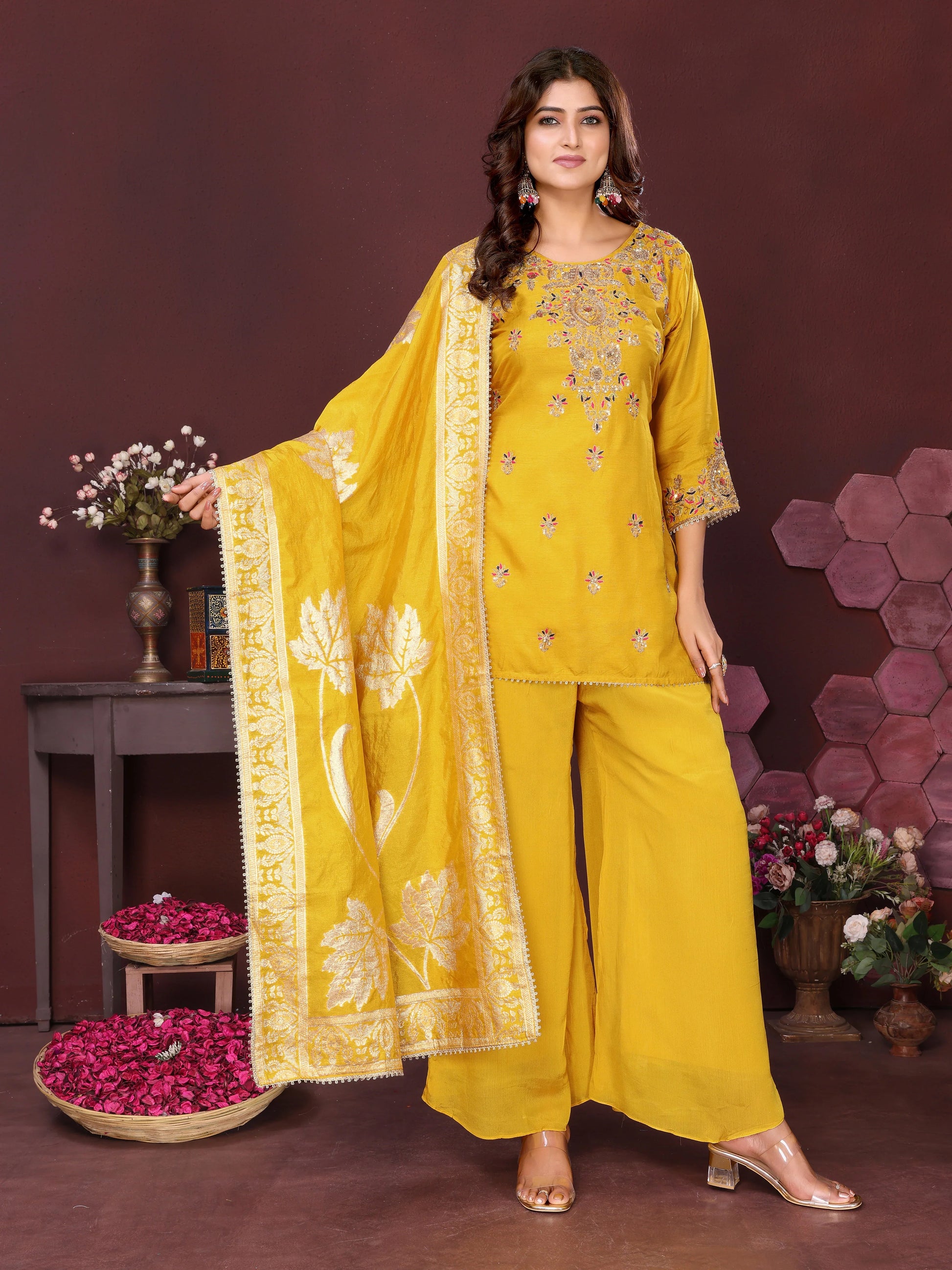 Marigold Majesty Short Dress and Dupatta Set
