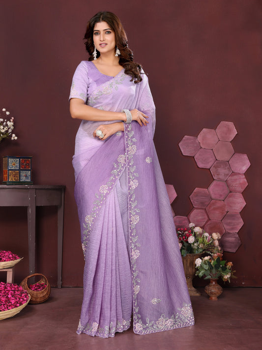Lilac Blossom Crushed Tissue Saree With Cutdana And Sequin Border