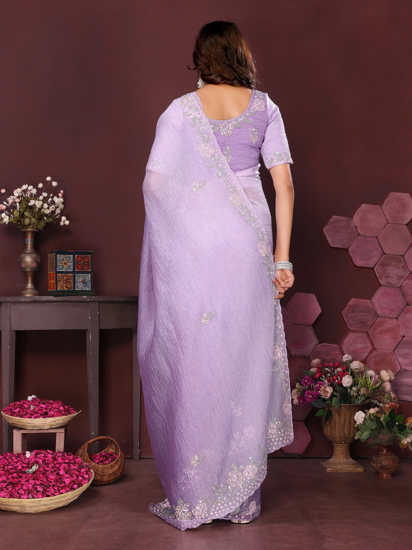 Lilac Blossom Crushed Tissue Saree With Cutdana And Sequin Border