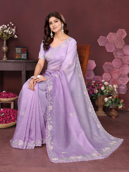 Lilac Blossom Crushed Tissue Saree With Cutdana And Sequin Border
