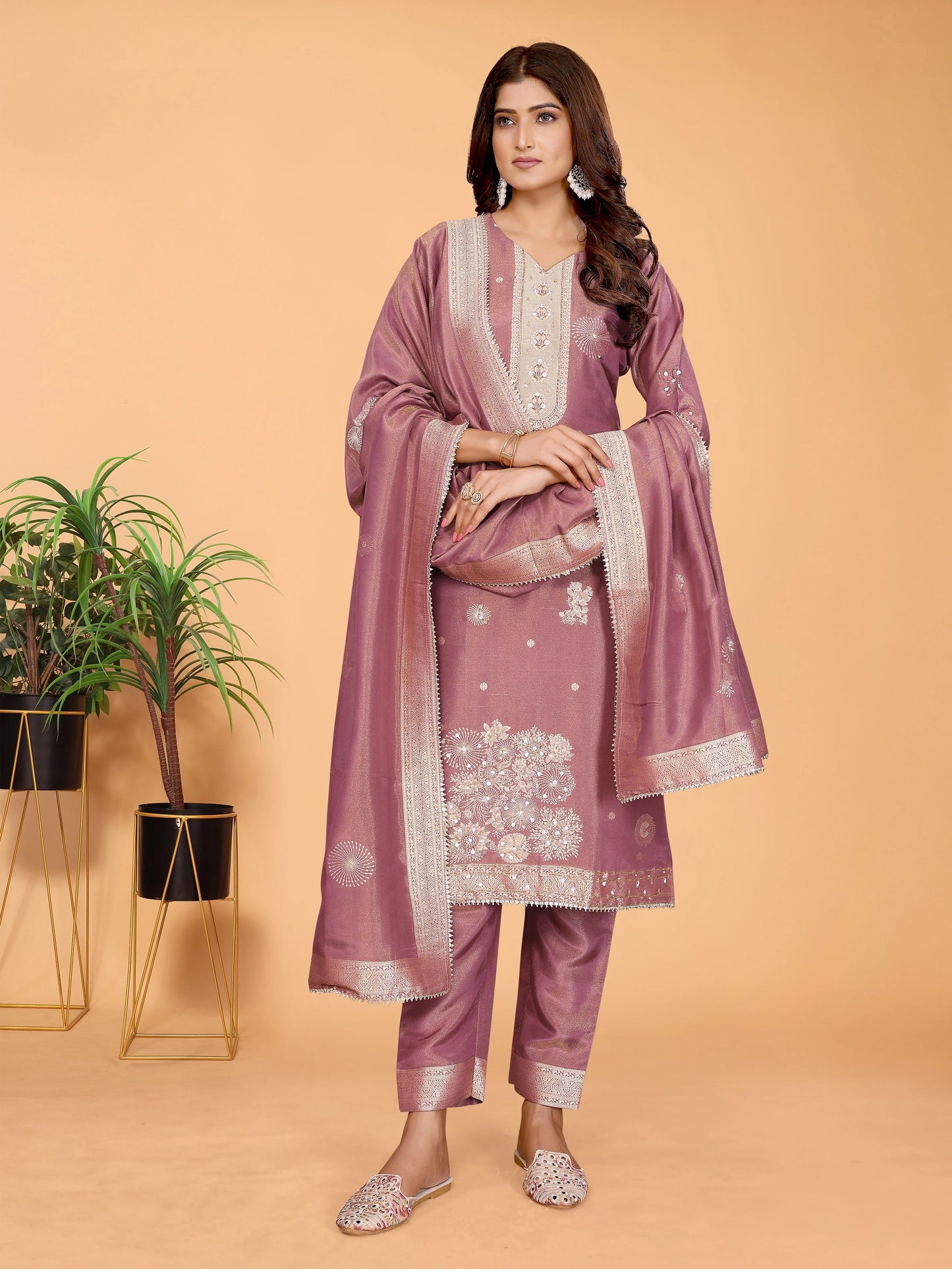 Dusty Mauve Hand-Work Tissue Suit Set