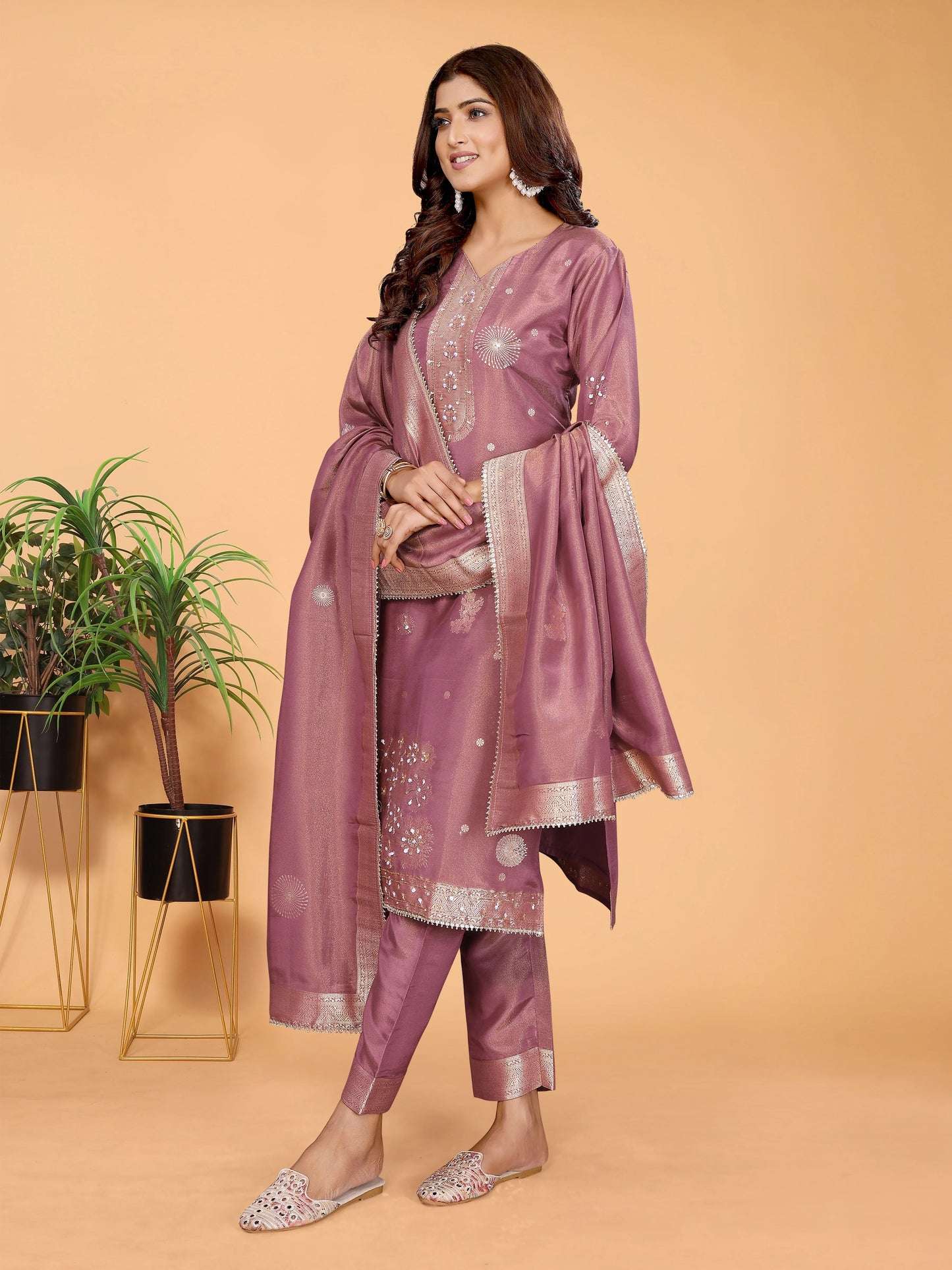 Dusty Mauve Hand-Work Tissue Suit Set