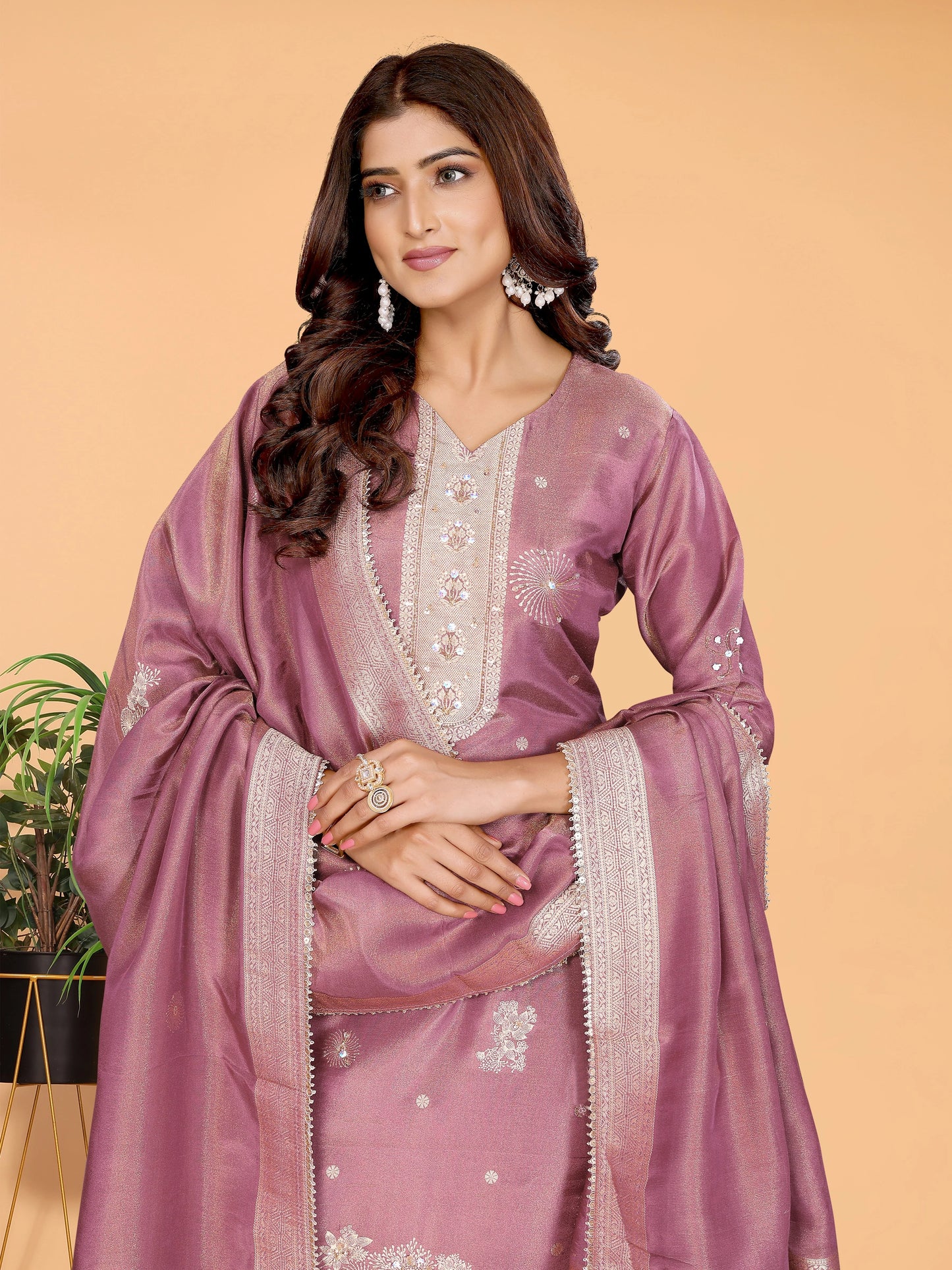 Dusty Mauve Hand-Work Tissue Suit Set