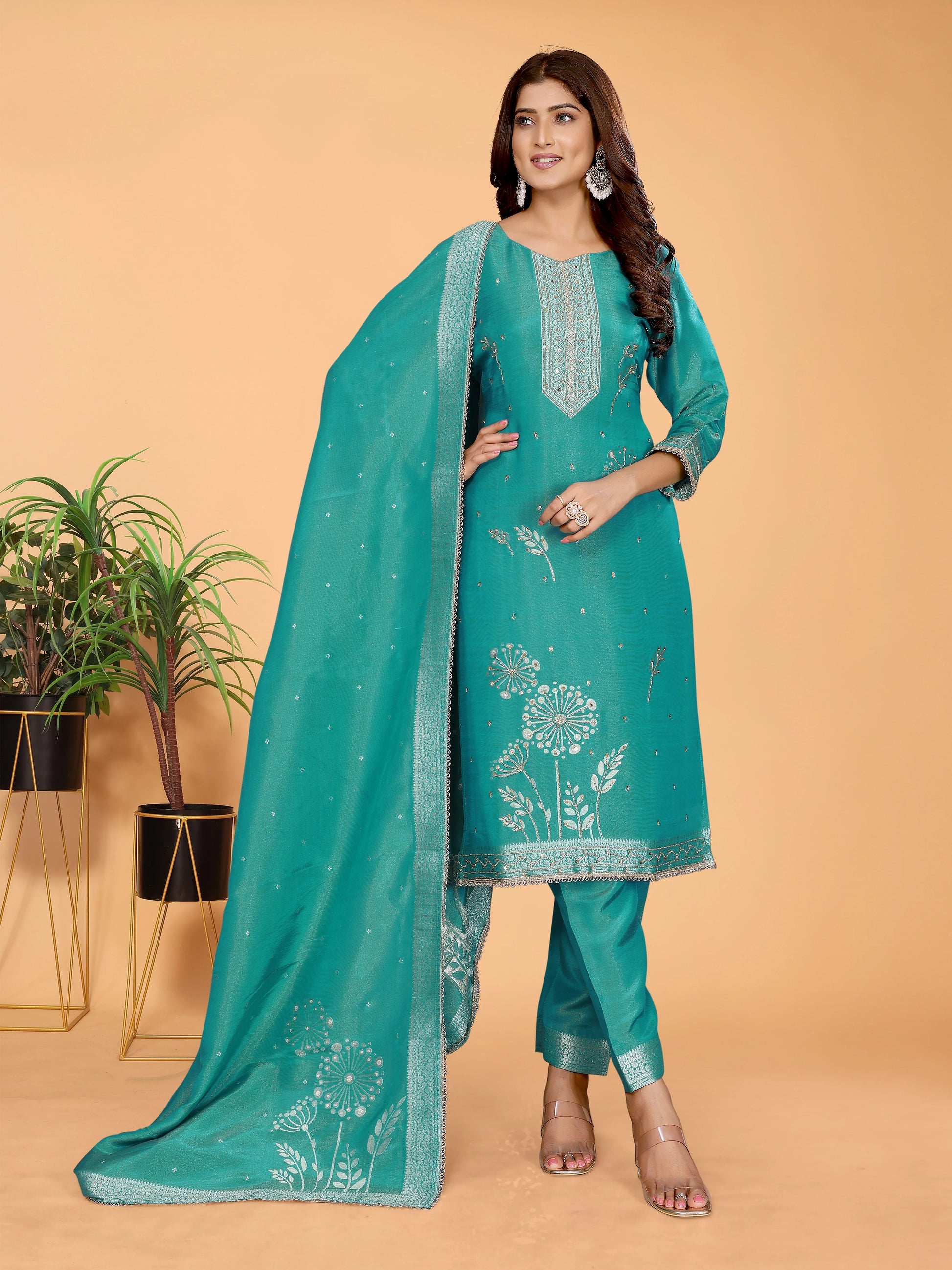 Royal Blue Tissue Hand-Work Suit Set